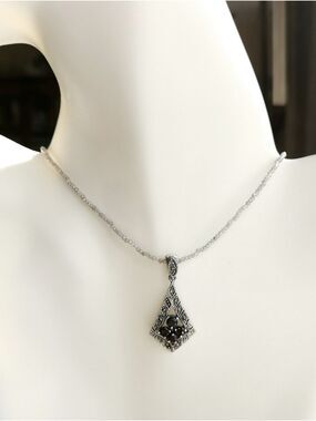 Vintage Marcasite Garnet Pendant Diamond Necklace.